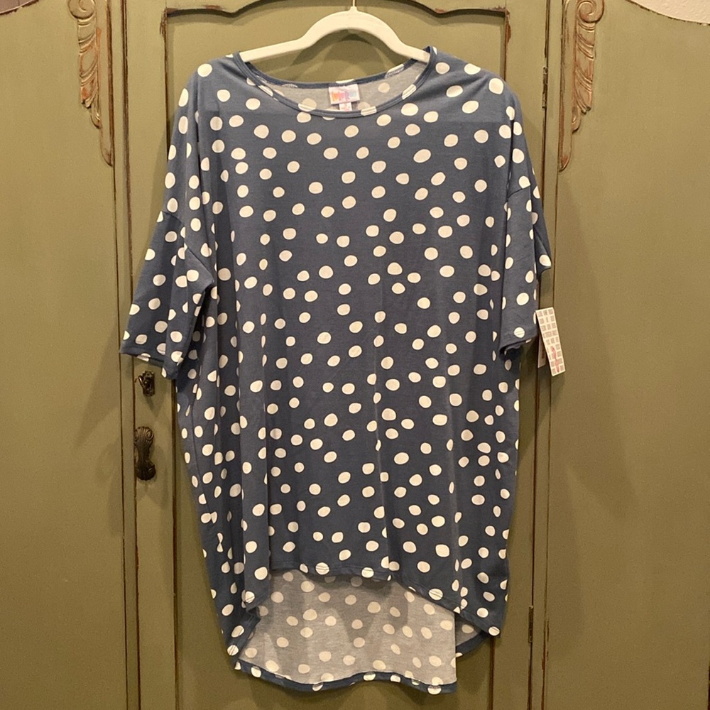 LuLaRoe Irma blue and white polka dots
